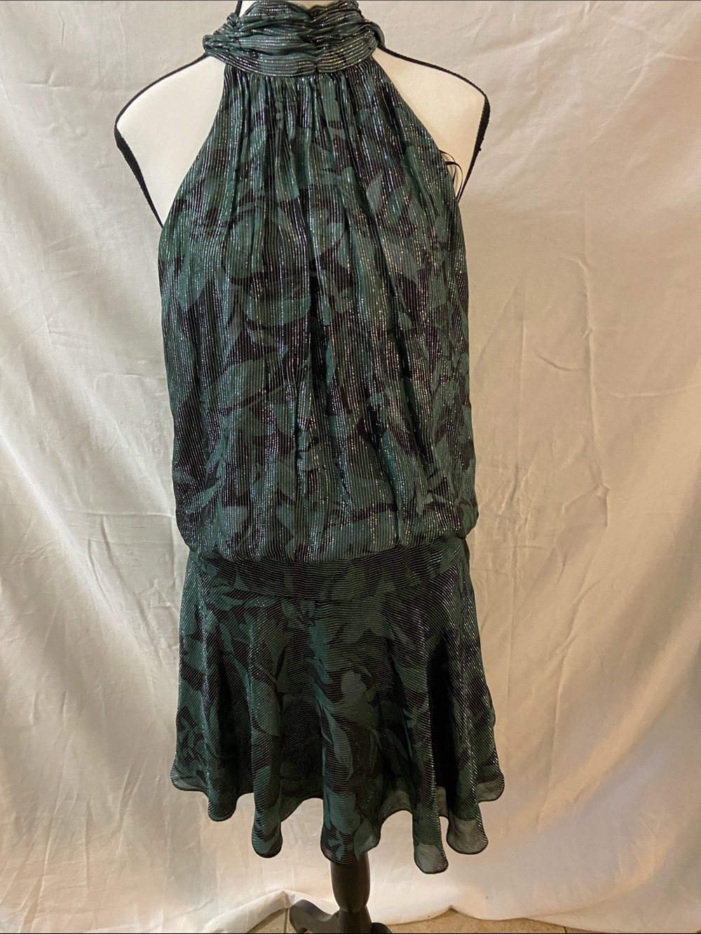 Green Halter Neck Mini Dress with Leaf Print